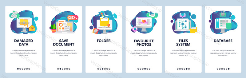 Web site onboarding screens. Computer files and data system. Menu vector banner template for website and mobile app development. Modern design flat illustration