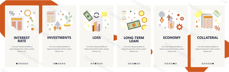Web site onboarding screens. Finance and banking system icons, bank loan, investments. Menu vector banner template for website and mobile app development. Modern design flat illustration