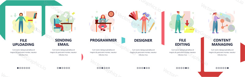 Web site onboarding screens. Home office, files downloading and editing, programming. Menu vector banner template for website and mobile app development. Modern design flat illustration