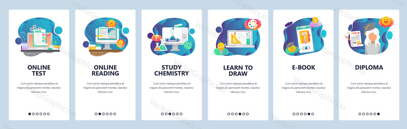 Web site onboarding screens. Online educaion, test, studying and graduation . Menu vector banner template for website and mobile app development. Modern design flat illustration