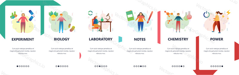 Web site onboarding screens. Science experiment. chemistry laboratory, biology. Menu vector banner template for website and mobile app development. Modern design flat illustration