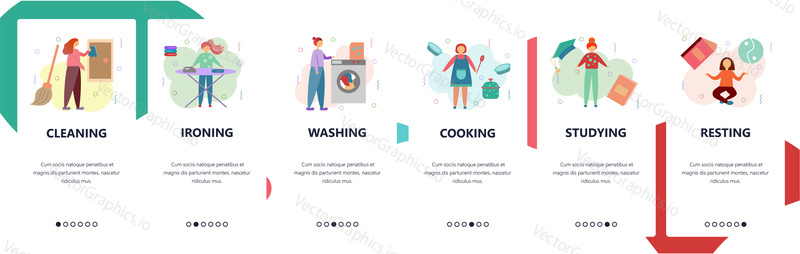 Web site onboarding screens. Housework, cleaning, washing, cooking. Menu vector banner template for website and mobile app development. Modern design flat illustration