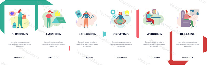 Web site onboarding screens. People activity. Shopping, camping, reading, wotking. Menu vector banner template for website and mobile app development. Modern design flat illustration