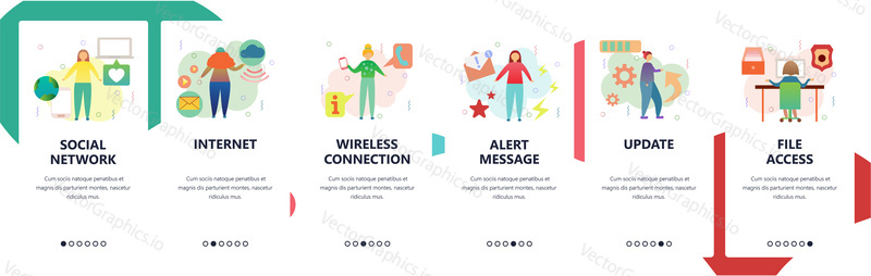 Web site onboarding screens. Social network, wireless internet connection, file access and update. Menu vector banner template for website and mobile app development. Modern design flat illustration