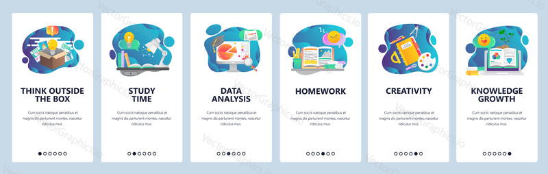 Web site onboarding screens. Education, knowledge, studying and creativity. Menu vector banner template for website and mobile app development. Modern design flat illustration