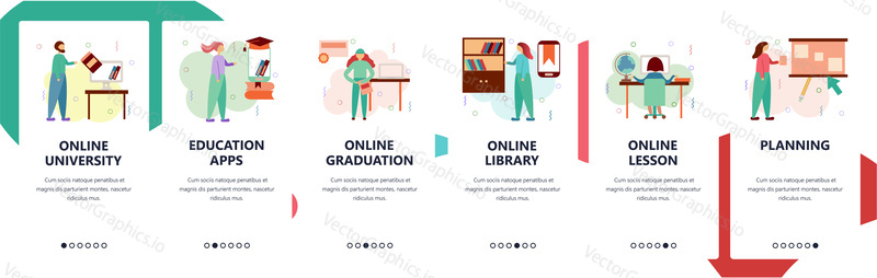 Web site onboarding screens. Online education and digital library. Studying at home. Menu vector banner template for website and mobile app development. Modern design flat illustration