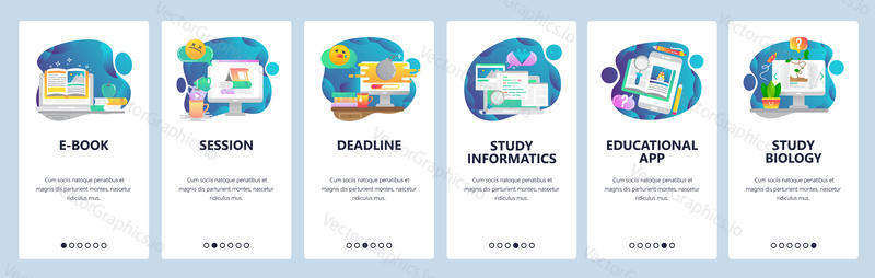 Web site onboarding screens. School education and e-learning. Menu vector banner template for website and mobile app development. Modern design flat illustration