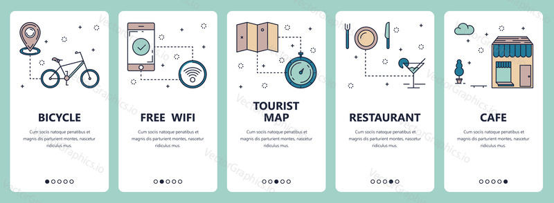 Vector set of vertical banners with Bicycle, Free wifi, Tourist map, Restaurant, Cafe website and mobile app templates. Modern thin line flat style design.