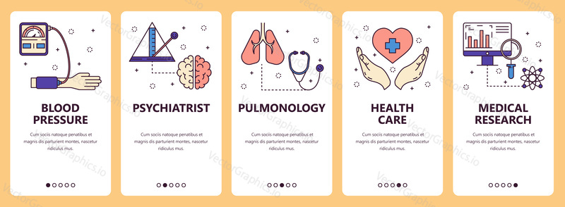 Vector set of vertical banners with Blood pressure, Psychiatrist, Pulmonology, Health care, Medical research website and mobile app templates. Modern thin line flat style design.