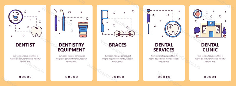 Vector set of vertical banners with Dentist, Dentistry equipment, Braces, Dental services, Dental clinic website and mobile app templates. Modern thin line flat style design.