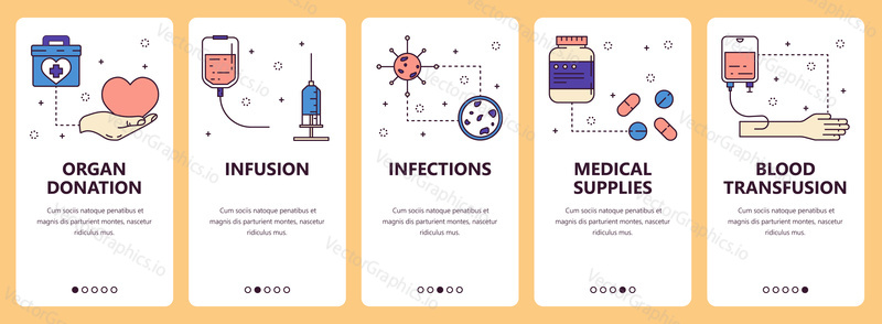 Vector set of vertical banners with Organ donation, Infusion, Infections, Medical supplies, Blood transfusion website and mobile app templates. Modern thin line flat style design.