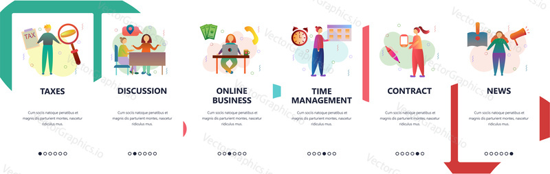 Web site onboarding screens. Time management, online business and taxes. Menu vector banner template for website and mobile app development. Modern design flat illustration