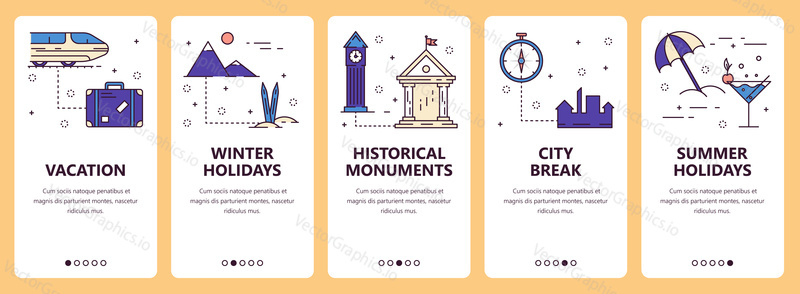 Vector set of vertical banners with Vacation, Winter holidays, Historical monuments, City break, Summer holidays website and mobile app templates. Modern thin line flat style design.