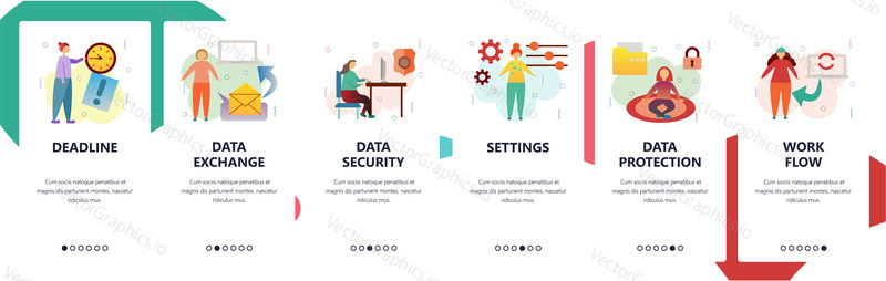 Web site onboarding screens. Data exchange, cyber security, data protection. Menu vector banner template for website and mobile app development. Modern design flat illustration