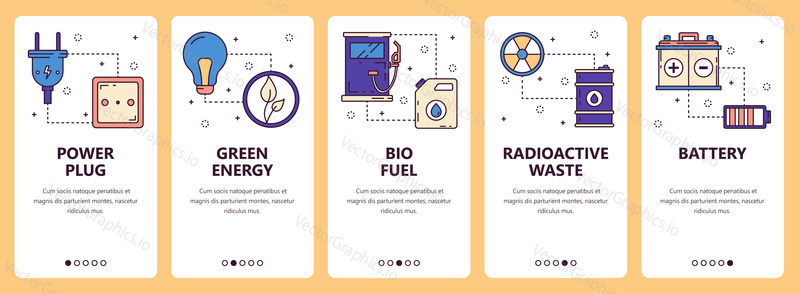 Vector set of vertical banners with Power plug, Green energy, Bio fuel, Radioactive waste, Battery website and mobile app templates. Modern thin line flat style design.