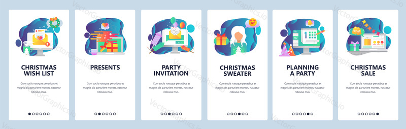 Web site onboarding screens. Christmas holiday celebration. Menu vector banner template for website and mobile app development. Modern design flat illustration