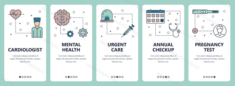 Vector set of vertical banners with Cardiologist, Mental health, Urgent care, Annual check up, Pregnancy test website and mobile app templates. Modern thin line flat style design.