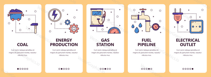 Vector set of vertical banners with Coal, Energy production, Gas station, Fuel pipeline, Electrical outlet website and mobile app templates. Modern thin line flat style design.