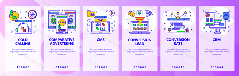 Web site onboarding screens. Call center, CMS, CRM systems. Menu vector banner template for website and mobile app development. Modern design flat illustration