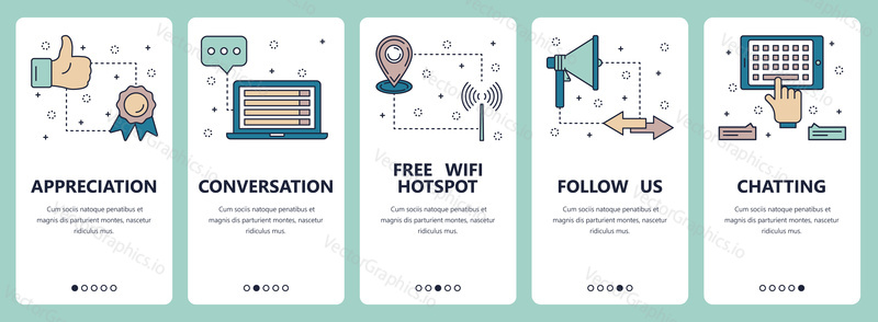 Vector set of vertical banners with Appreciation, Conversation, Free wifi hotspot, Follow us, Chatting website and mobile app templates. Modern thin line flat style design.