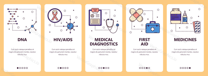 Vector set of vertical banners with DNA, HIV AIDS, Medical diagnostics, First aid, Medicines website and mobile app templates. Modern thin line flat style design.