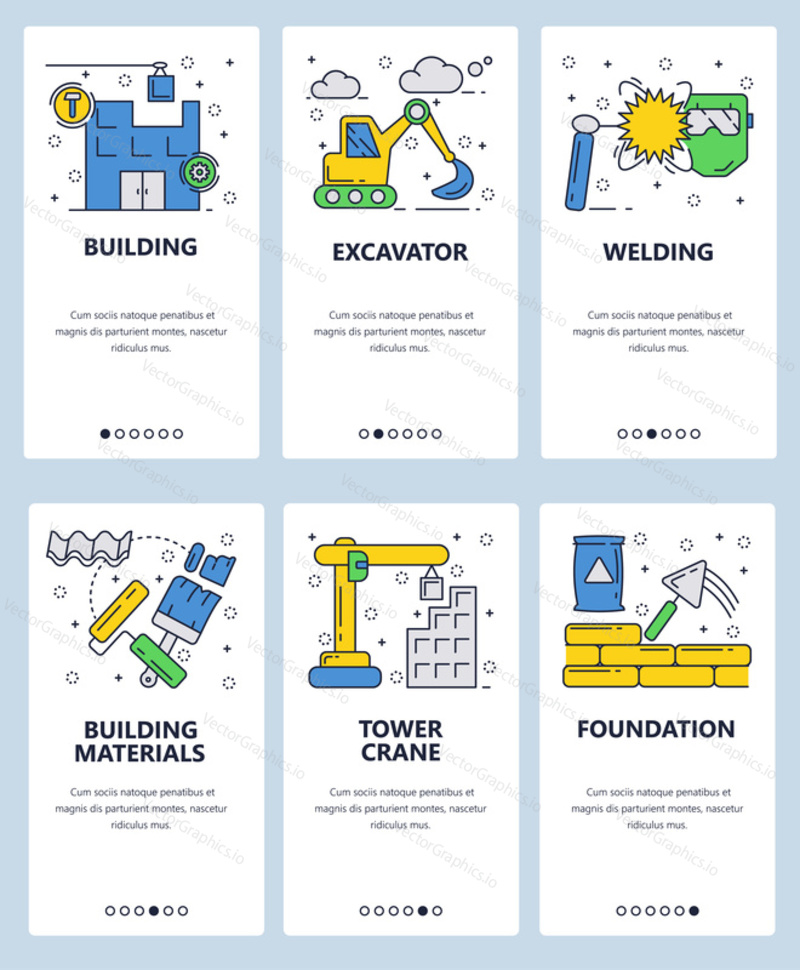 Vector set of mobile app onboarding screens. Building, Excavator, Welding, Building materials, Tower crane, Foundation web templates and banners. Thin line art flat icons for website menu.