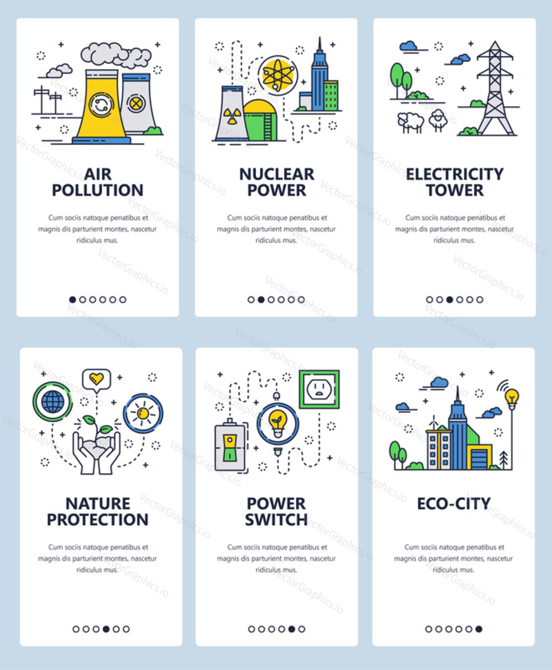 Vector set of mobile app onboarding screens. Air pollution, Nuclear power, Electricity tower, Nature protection, Power switch, Eco-city web templates banners. Thin line art flat icons for website menu