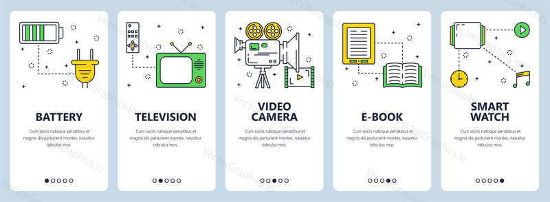 Vector set of vertical banners with Battery, Television, Video camera, e-book, Smart watch website and mobile app templates. Modern thin line flat style design.