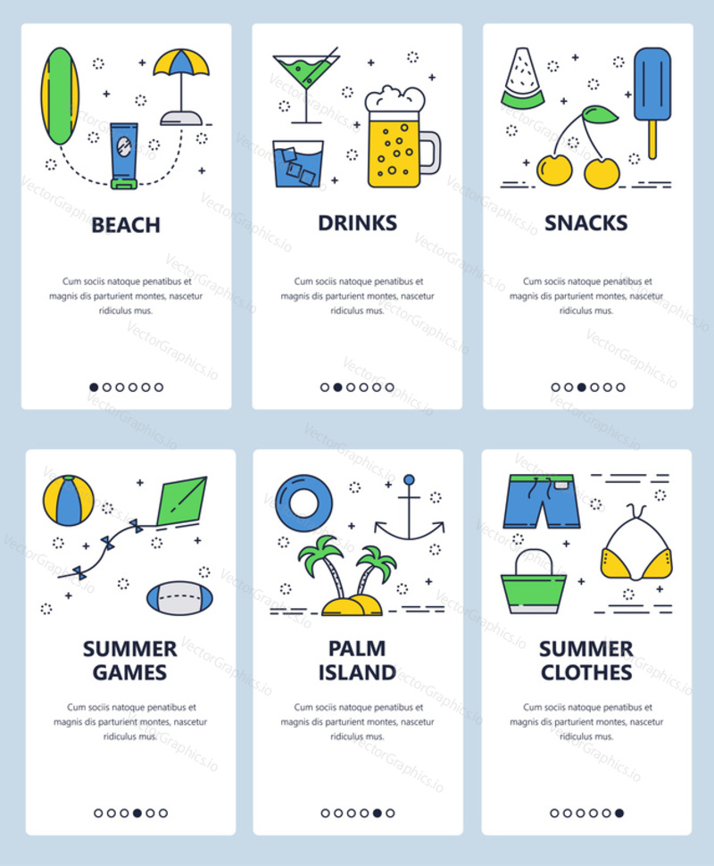 Vector set of mobile app onboarding screens. Beach, Drinks, Snacks, Summer games, Palm island, Summer clothes web templates and banners. Thin line art flat icons for website menu.