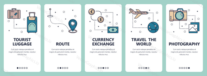 Vector set of vertical banners with Tourist luggage, Route, Currency exchange, Travel the world, Photography website and mobile app templates. Modern thin line flat style design.