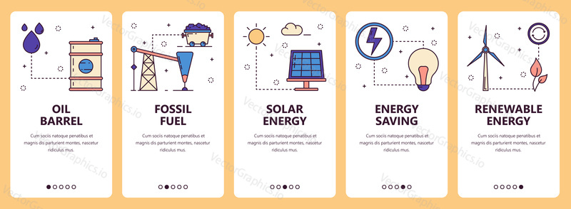 Vector set of vertical banners with Oil barrel, Fossil fuel, Solar energy, Energy saving, Renewable energy website and mobile app templates. Modern thin line flat style design.