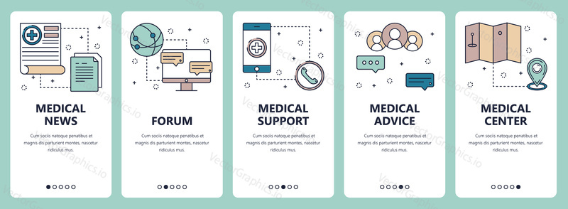 Vector set of vertical banners with Medical news, Forum, Medical support, Medical advice, Medical center website and mobile app templates. Modern thin line flat style design.