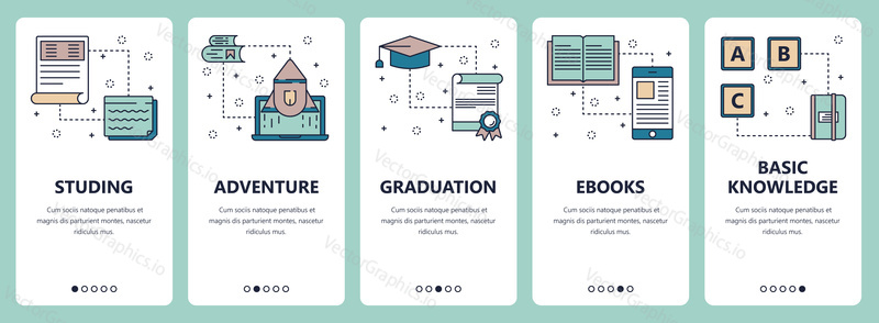 Vector set of vertical banners with Studying, Adventure, Graduation, Ebooks, Basic knowledge website and mobile app templates. Modern thin line flat style design.