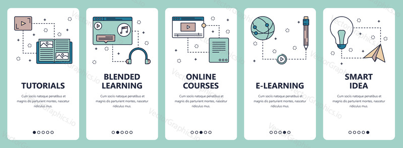 Vector set of vertical banners with Tutorials, Blended learning, Online courses, E-learning, Smart idea website and mobile app templates. Modern thin line flat style design.