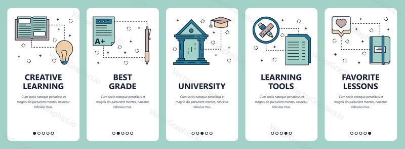 Vector set of vertical banners with Creative learning, Best grade, University, Learning tools, Favorite lessons website and mobile app templates. Modern thin line flat style design.