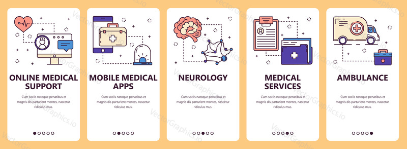 Vector set of vertical banners with Online medical support, Mobile medical apps, Neurology, Medical services, Ambulance website and mobile app templates. Modern thin line flat style design.
