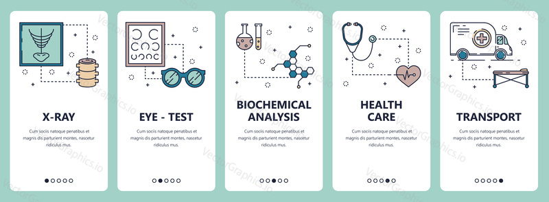 Vector set of vertical banners with X-ray, Eye-test, Biochemical analysis, Health care, Transport website and mobile app templates. Modern thin line flat style design.