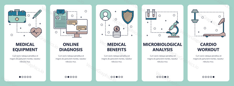 Vector set of vertical banners with Medical equipment, Online diagnosis, Medical benefits, Microbiological analysis, Cardio workout website and mobile app templates. Modern thin line flat style design