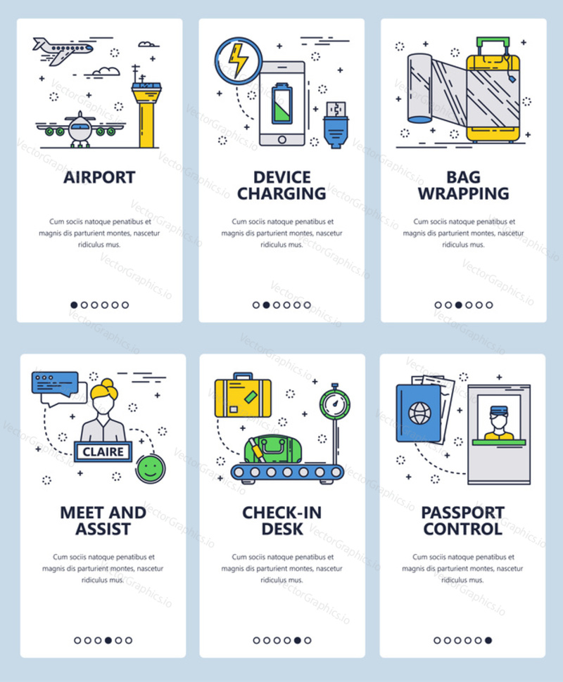 Vector set of mobile app onboarding screens. Airport, Device charging, Bag wrapping, Meet and assist, Check-in desk, Passport control web templates banners. Thin line art flat icons for website menu.