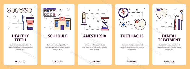 Vector set of vertical banners with Healthy teeth, Schedule, Anesthesia, Toothache, Dental treatment website and mobile app templates. Modern thin line flat style design.