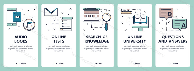 Vector set of vertical banners with Audio books, Online tests, Search of knowledge, Online university, Questions and answers website and mobile app templates. Modern thin line flat style design.