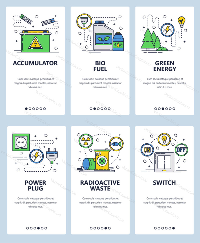 Vector set of mobile app onboarding screens. Accumulator, Bio fuel, Green energy, Power plug, Radioactive waste, Switch web templates and banners. Thin line art flat icons for website menu.