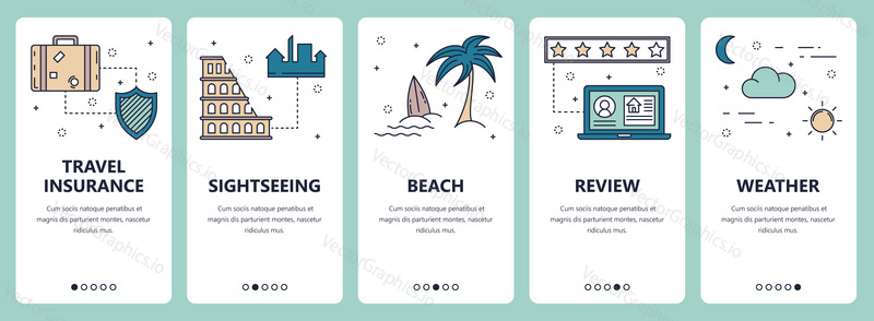 Vector set of vertical banners with Travel insurance, Sightseeing, Beach, Review, Weather website and mobile app templates. Modern thin line flat style design.