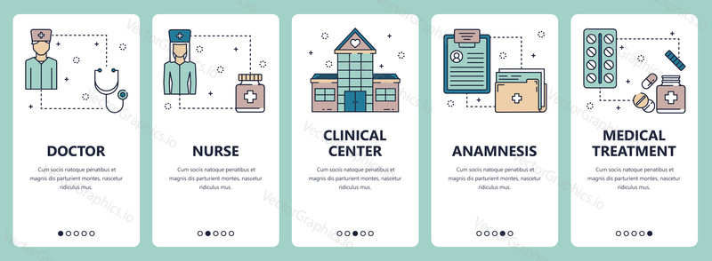 Vector set of vertical banners with Doctor, Nurse, Clinical center, Anamnesis, Medical treatment website and mobile app templates. Modern thin line flat style design.