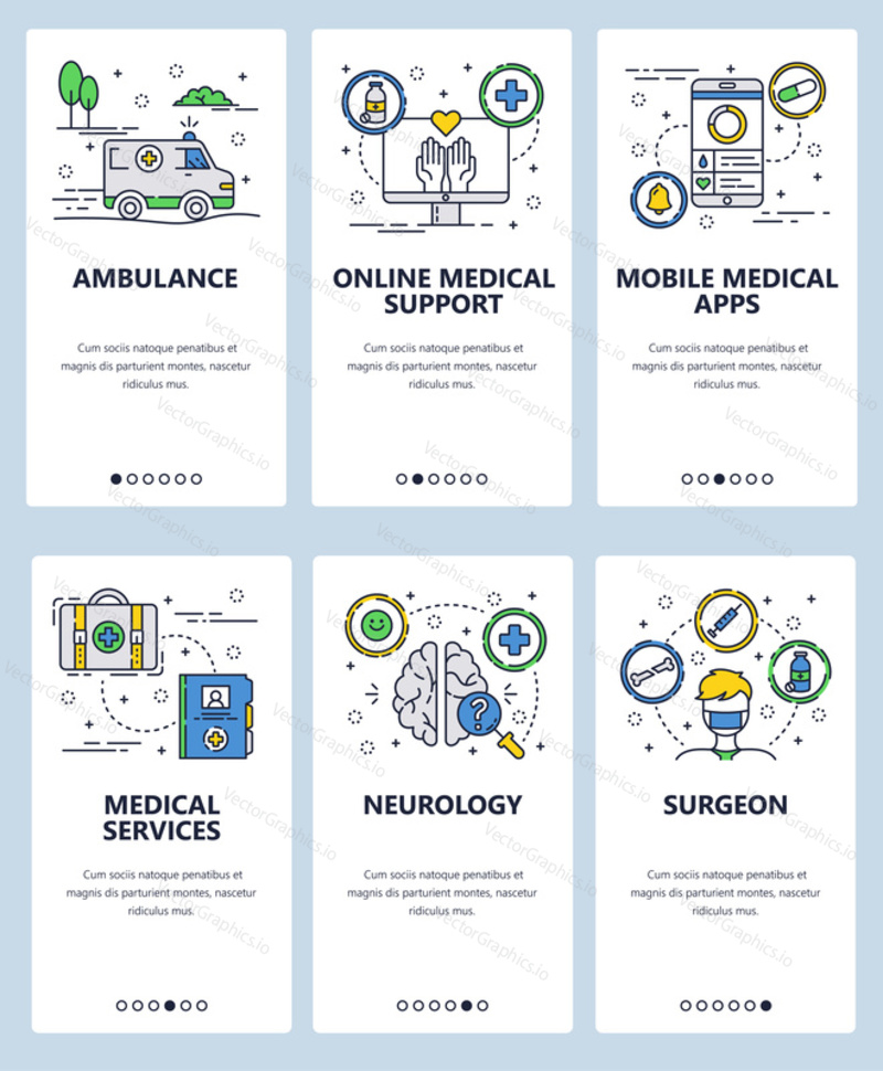 Vector set of mobile app onboarding screens. Ambulance, Online medical support, Mobile medical apps, Medical services, Neurology, Surgeon web templates, banners. Thin line art flat icons for web.