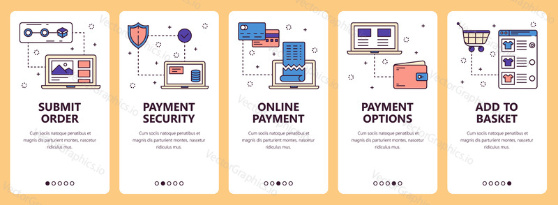 Vector set of vertical banners with Submit order, Payment security, Online payment, Payment options, Add to basket website and mobile app templates. Modern thin line flat style design.