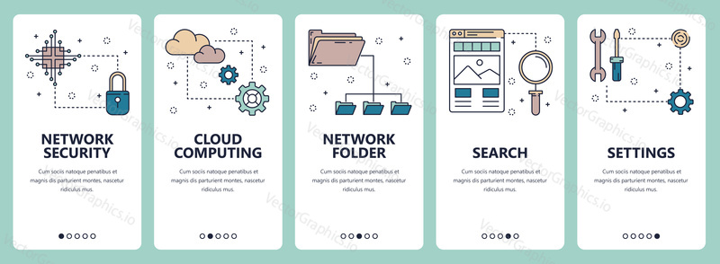 Vector set of vertical banners with Network Security, Cloud computing, Network folder, Search, Settings website and mobile app templates. Modern thin line flat style design.