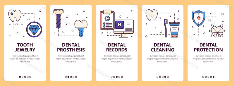 Vector set of vertical banners with Tooth jewelry, Dental prosthesis, Dental records, Dental cleaning, Dental protection website and mobile app templates. Modern thin line flat style design.