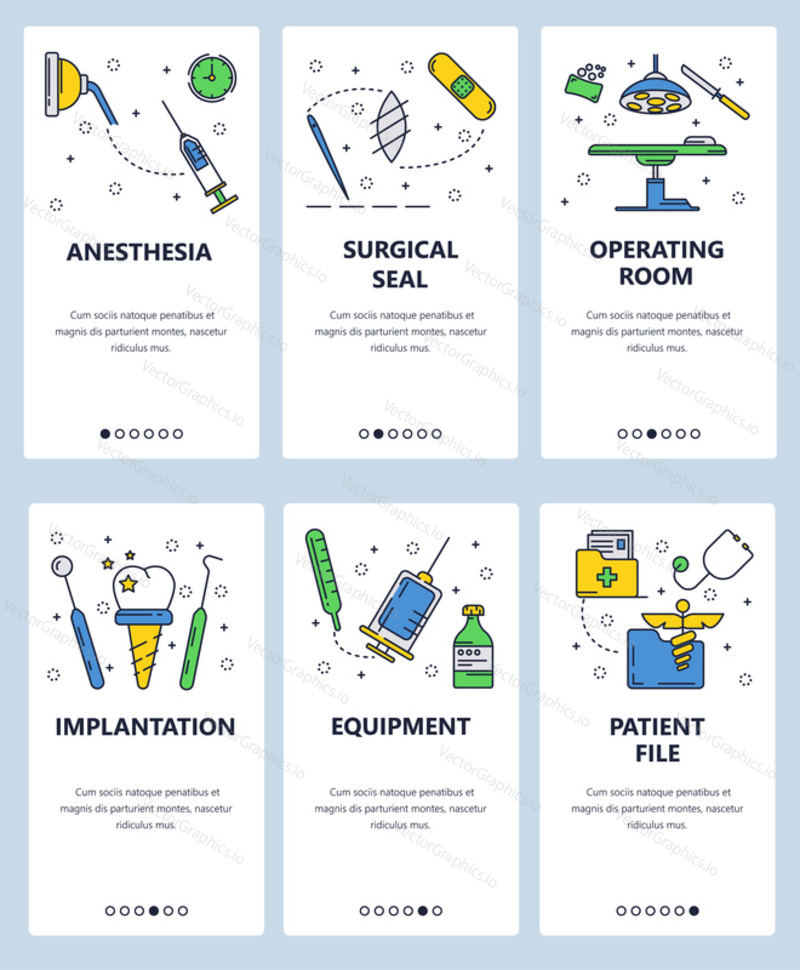 Vector set of mobile app onboarding screens. Anesthesia, Surgical seal, Operating room, Implantation, Equipment, Patient file web templates and banners. Thin line art flat icons for website menu.