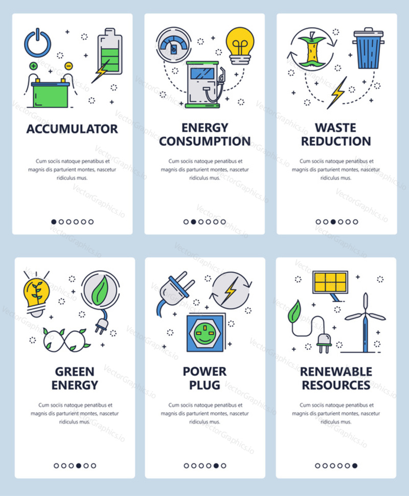 Vector set of mobile app onboarding screens. Accumulator, Energy consumption, Waste reduction, Green energy, Power plug, Renewable resources web templates, banners. Thin line art flat icons for web.